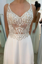 Ivory Chiffon See Through A Line V Neck Prom Dresses With Beading DMS83